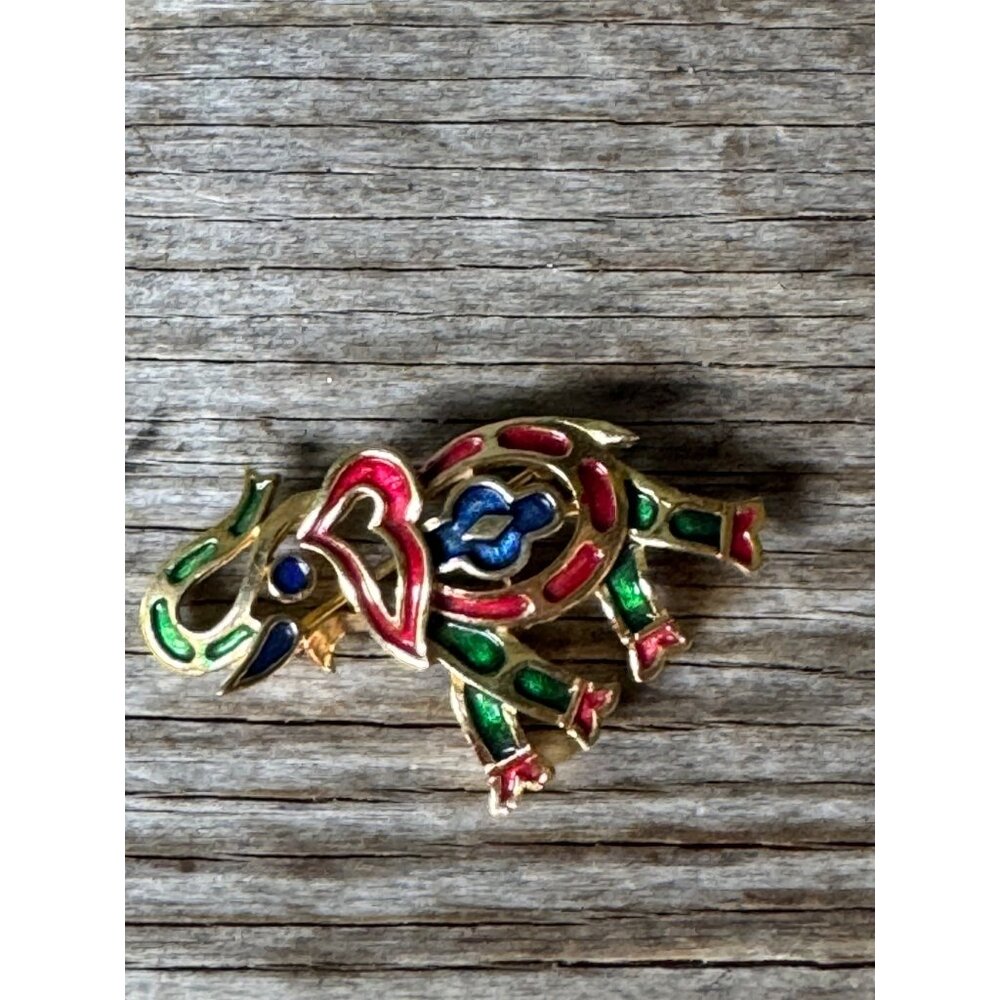 Vintage Crown Trifari Elephant Brooch Gold Tone Enamel Red Green Blue Pin 1.5” - Picture 2 of 7